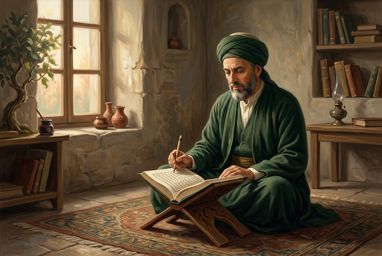 Scholar reading beside an open manuscript at dawn