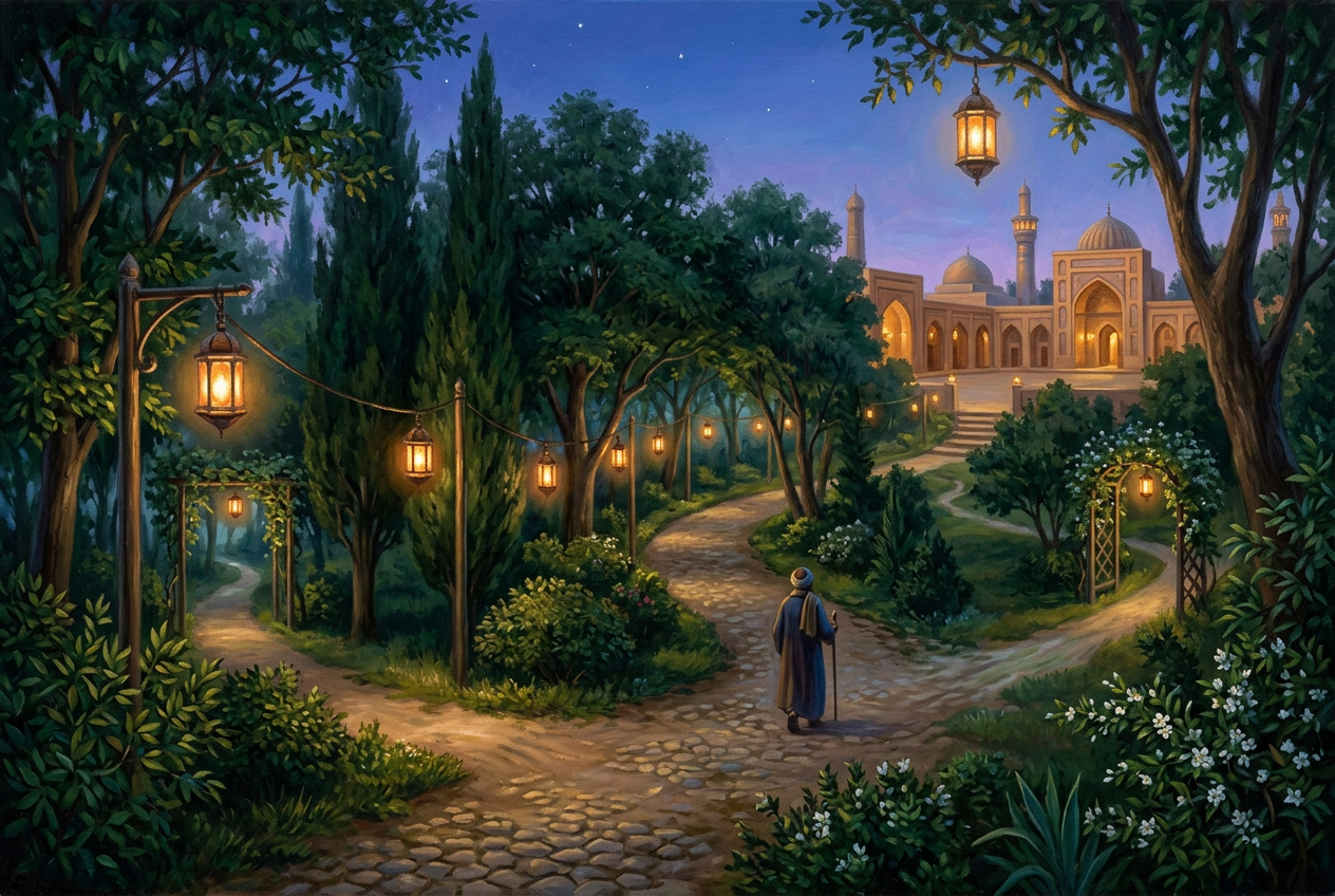 Lanterns connected along a garden path representing silsilah